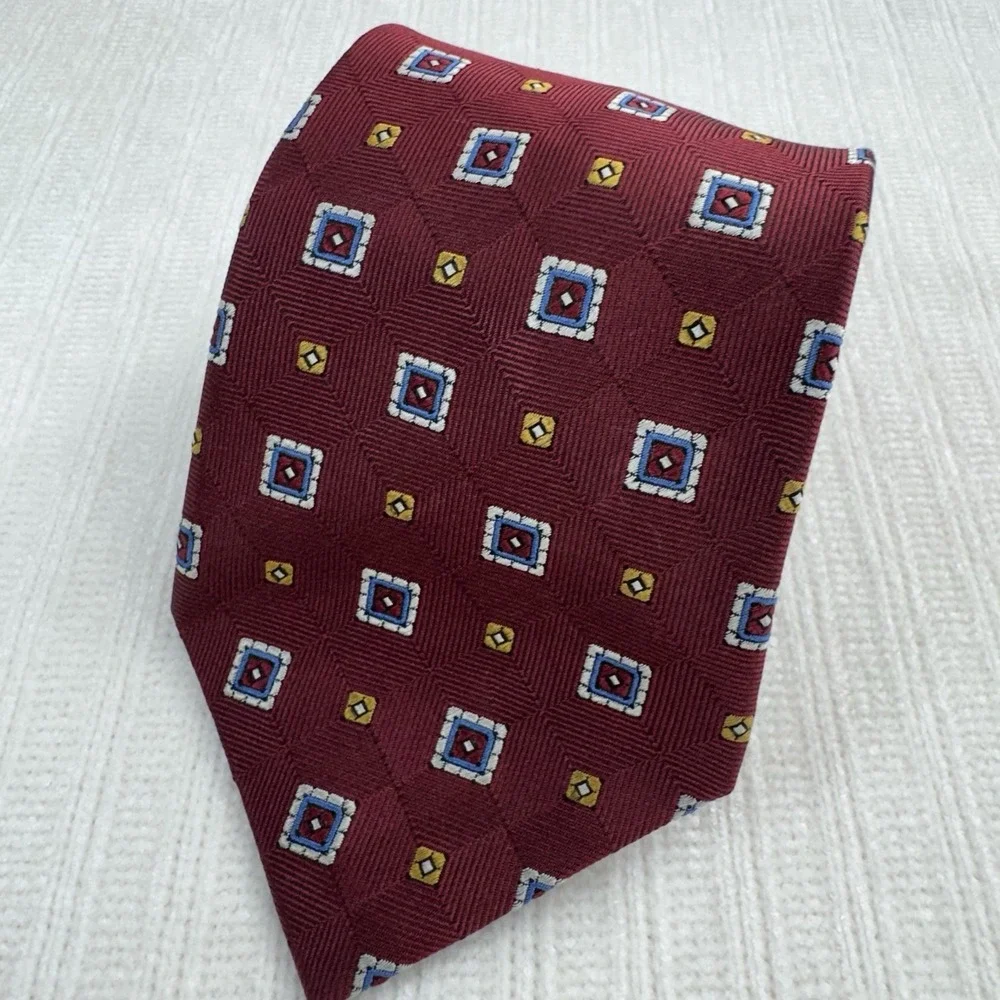Jos A Bank Geometric‎ Silk Tie Burgundy Blue Mens XL Necktie